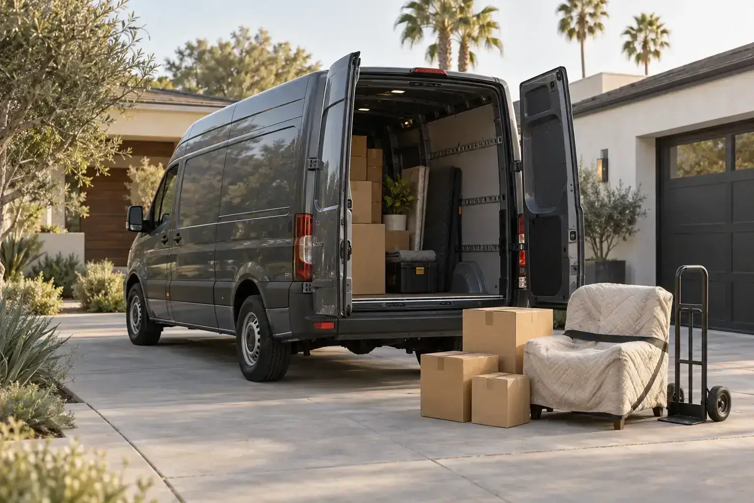 Charcoal delivery van beside packed boxes and a protected armchair.
